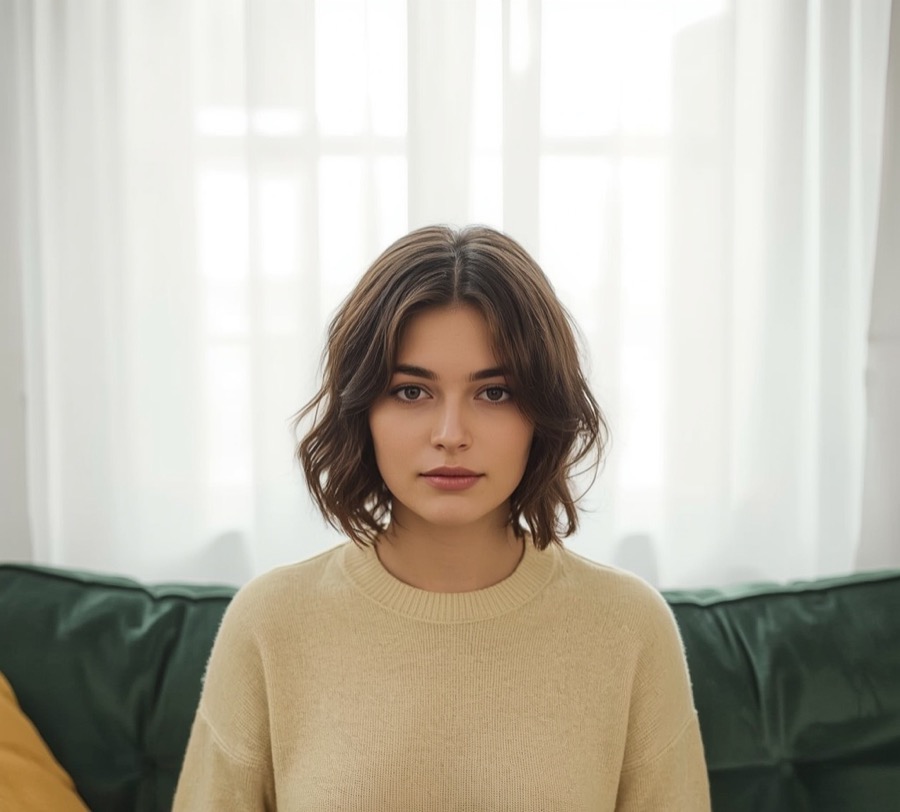 A woman in a cream knit sweater sitting on a dark green sofa in front of bright net curtains, facing the camera — an ordinary photo taken at home, of an AI-generated model rather than a real customer.