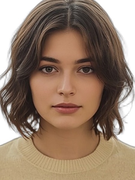 The same photo finished as a China visa photo: the room removed, background pure white, her head cropped to the portrait frame COVA accepts.