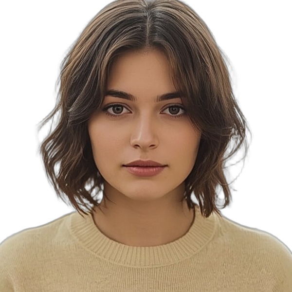 The same photo finished as a DV lottery photo: the room removed, background pure white, her head cropped square and centred to the entry framing.