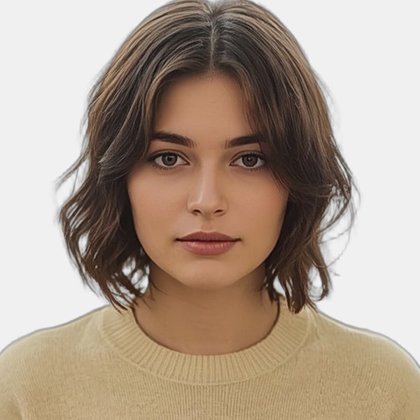 The same photo finished as an OCI card photo: the room removed, plain light background, her head cropped square to the portal’s framing.