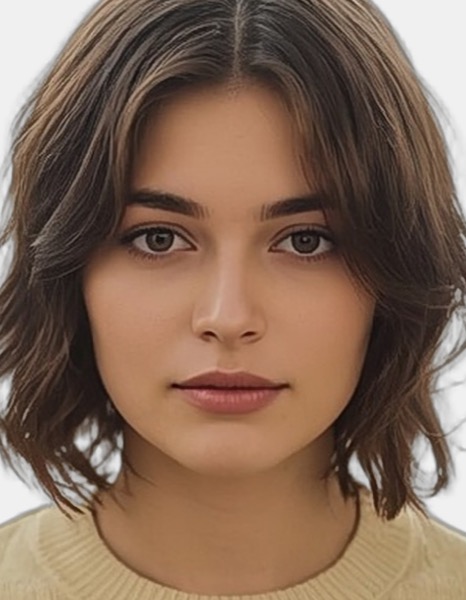 The same photo finished as a Schengen visa photo: the room removed, plain light background, her head cropped taller in the frame as the consulates require.